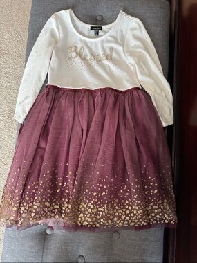 Zunie White Top with Burgundy Tulle Skirt and Gold Accents Dress